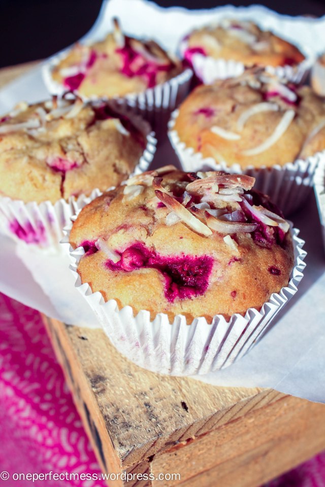 Raspberry, Coconut and White Chocolate Muffins recipe One Perfect Mess easy soft moist jumbo 1