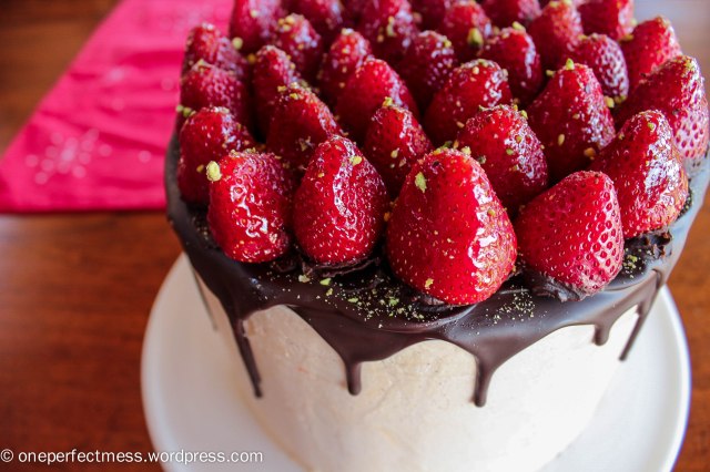 Vanilla Spice Celebration Cake with Strawberries, Chocolate Ganache and Rosewater Frosting Recipe One Perfect Mess 1