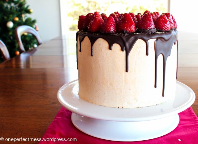 Vanilla Spice Celebration Cake with Strawberries, Chocolate Ganache and Rosewater Frosting Recipe One Perfect Mess 3