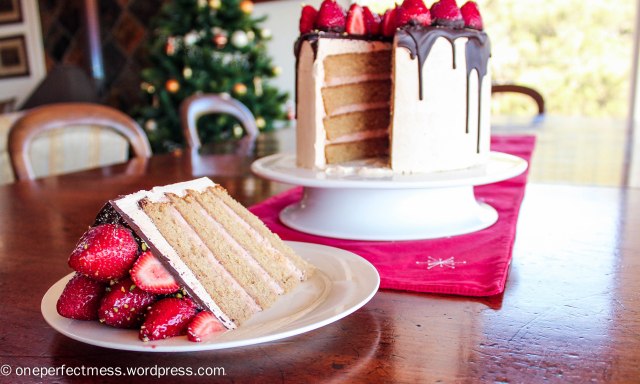 Vanilla Spice Celebration Cake with Strawberries, Chocolate Ganache and Rosewater Frosting Recipe One Perfect Mess 5