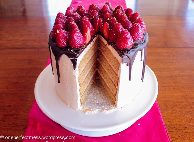 Vanilla Spice Celebration Cake with Strawberries, Chocolate Ganache and Rosewater Frosting Recipe One Perfect Mess 6