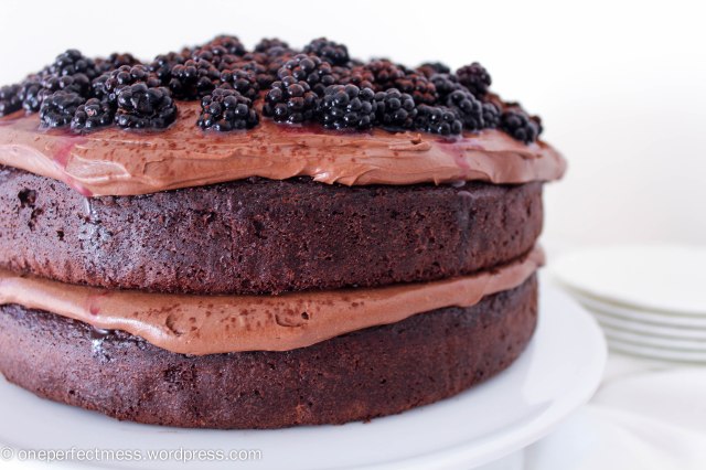 Double Chocolate Cake with Cream Cheese Frosting and Blackberries Recipe One Perfect Mess 1