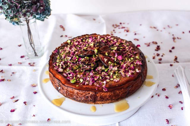 Roasted Fig and Goats Curd Cheesecake with Honey and Pistachios recipe One Perfect Mess 2