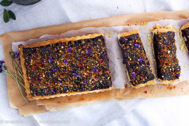 Dark Chocolate Ganache and Macadamia Tart with Violet Macadamia Praline honey salted recipe One Perfect Mess 10