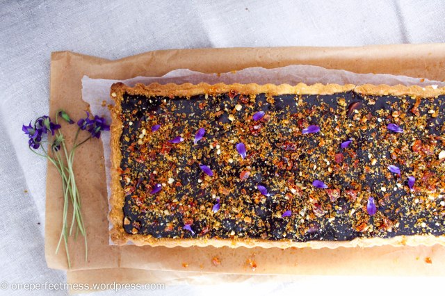 Dark Chocolate Ganache and Macadamia Tart with Violet Macadamia Praline honey salted recipe One Perfect Mess 2