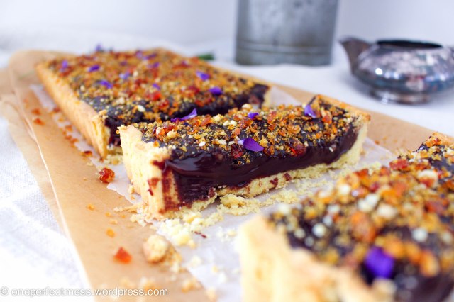 Dark Chocolate Ganache and Macadamia Tart with Violet Macadamia Praline honey salted recipe One Perfect Mess 3