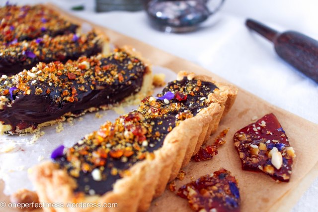 Dark Chocolate Ganache and Macadamia Tart with Violet Macadamia Praline honey salted recipe One Perfect Mess 4