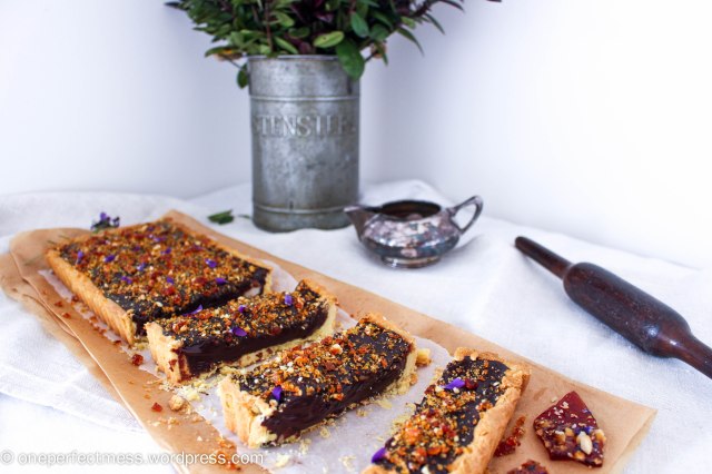 Dark Chocolate Ganache and Macadamia Tart with Violet Macadamia Praline honey salted recipe One Perfect Mess 5