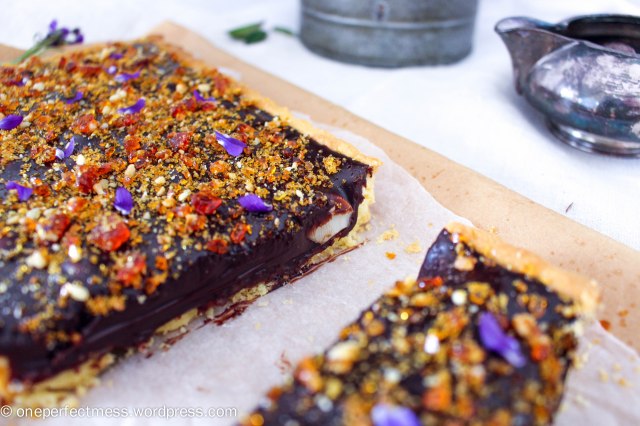 Dark Chocolate Ganache and Macadamia Tart with Violet Macadamia Praline honey salted recipe One Perfect Mess 8