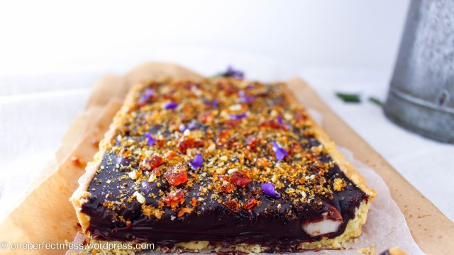 Dark Chocolate Ganache and Macadamia Tart with Violet Macadamia Praline honey salted recipe One Perfect Mess 9