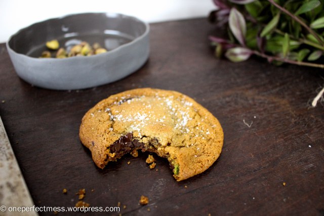 Salted Dark Chocolate Chip, Pistachio Nut and Honey Cookies soft chewy moist crunchy crispy recipe One Perfect Mess 1
