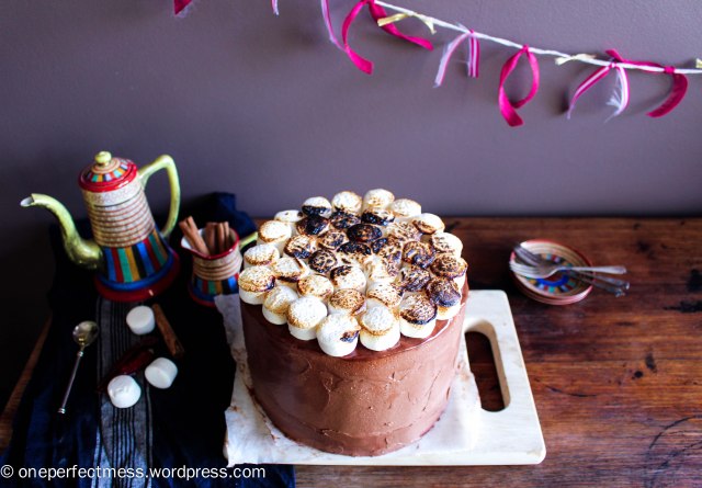Mexican Hot Chocolate Layer Cake with Toasted Marshmallows cinnamon chilli dark chocolate swiss meringue buttercream recipe One Perfect Mess 1