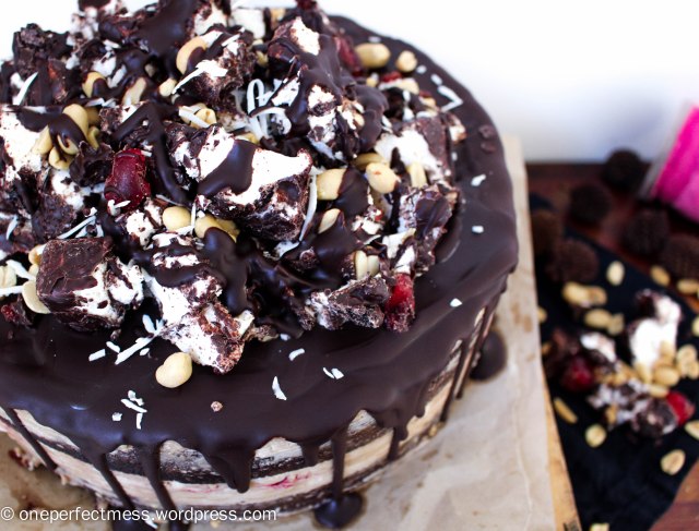 Rocky Road Celebration Cake with Peanut Frosting Swiss Meringue Buttercream Layer Chocolate Cake Peanuts Raspberries Mini Marshmallows Coconut One Perfect Mess recipe 10