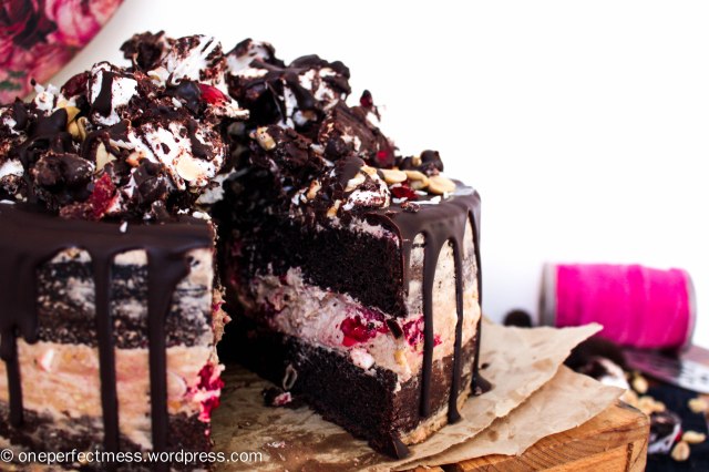 Rocky Road Celebration Cake with Peanut Frosting Swiss Meringue Buttercream Layer Chocolate Cake Peanuts Raspberries Mini Marshmallows Coconut One Perfect Mess recipe 13