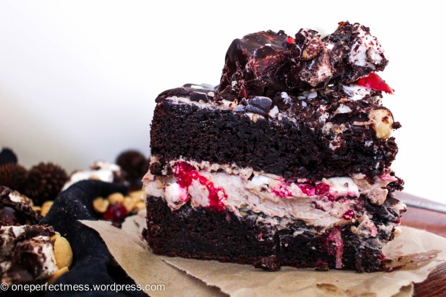 Rocky Road Celebration Cake with Peanut Frosting Swiss Meringue Buttercream Layer Chocolate Cake Peanuts Raspberries Mini Marshmallows Coconut One Perfect Mess recipe 14