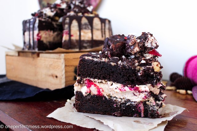 Rocky Road Celebration Cake with Peanut Frosting Swiss Meringue Buttercream Layer Chocolate Cake Peanuts Raspberries Mini Marshmallows Coconut One Perfect Mess recipe 15