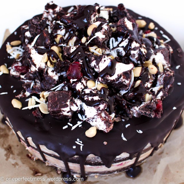 Rocky Road Celebration Cake with Peanut Frosting Swiss Meringue Buttercream Layer Chocolate Cake Peanuts Raspberries Mini Marshmallows Coconut One Perfect Mess recipe 3