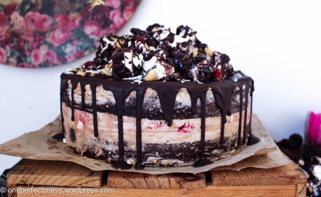 Rocky Road Celebration Cake with Peanut Frosting Swiss Meringue Buttercream Layer Chocolate Cake Peanuts Raspberries Mini Marshmallows Coconut One Perfect Mess recipe 5