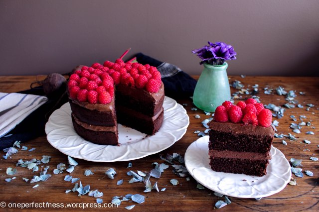Dark Chocolate and Beetroot Cake with Chocolate Cream Cheese Frosting and Fresh Raspberries recipe One Perfect Mess moist rich soft raspberry easy 12