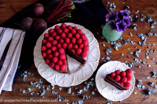 Dark Chocolate and Beetroot Cake with Chocolate Cream Cheese Frosting and Fresh Raspberries recipe One Perfect Mess moist rich soft raspberry easy 13