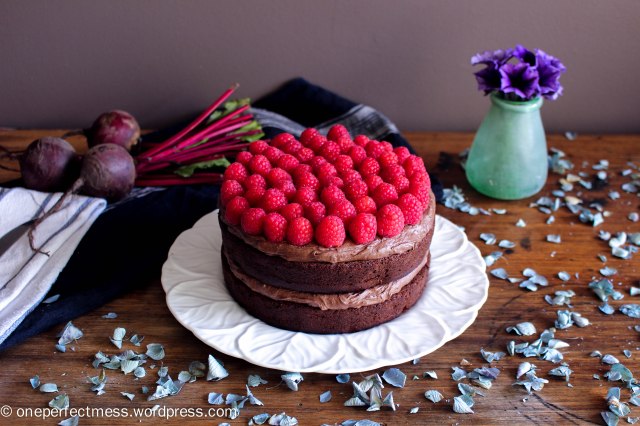 Dark Chocolate and Beetroot Cake with Chocolate Cream Cheese Frosting and Fresh Raspberries recipe One Perfect Mess moist rich soft raspberry easy 2