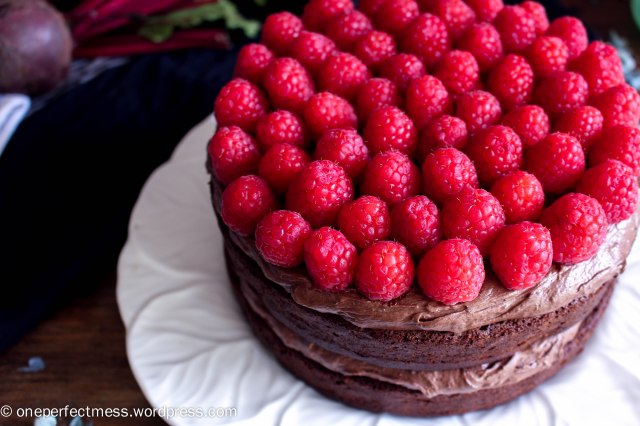 Dark Chocolate and Beetroot Cake with Chocolate Cream Cheese Frosting and Fresh Raspberries recipe One Perfect Mess moist rich soft raspberry easy 4