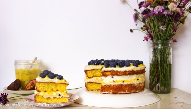 Vanilla Sponge Cake with Passionfruit Curd, Vanilla Whipped Cream and Fresh Blueberries One Perfect Mess recipe easy layer cake Donna Hay spring pretty naked cake 10