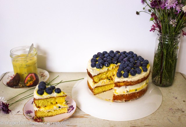 Vanilla Sponge Cake with Passionfruit Curd, Vanilla Whipped Cream and Fresh Blueberries One Perfect Mess recipe easy layer cake Donna Hay spring pretty naked cake 11