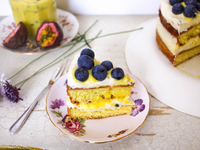 Vanilla Sponge Cake with Passionfruit Curd, Vanilla Whipped Cream and Fresh Blueberries One Perfect Mess recipe easy layer cake Donna Hay spring pretty naked cake 13