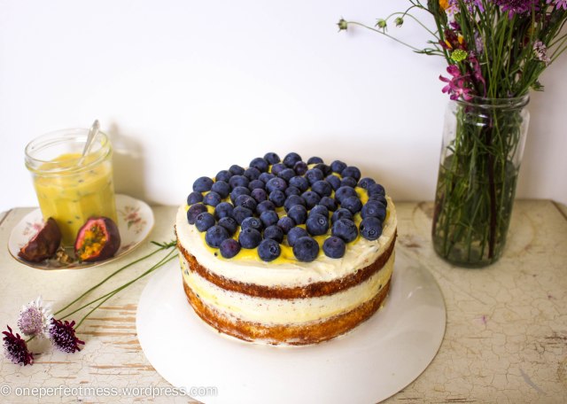 Vanilla Sponge Cake with Passionfruit Curd, Vanilla Whipped Cream and Fresh Blueberries One Perfect Mess recipe easy layer cake Donna Hay spring pretty naked cake 5