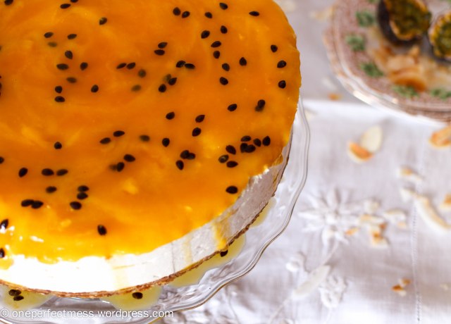 Mango, Passionfruit and Coconut Vegan Cheesecake One Perfect Mess vegan easy recipe baking healthy no refined  sugar free cashews cashew nuts dairy free lactose free gluten free wheat free frozen cheese cake 1
