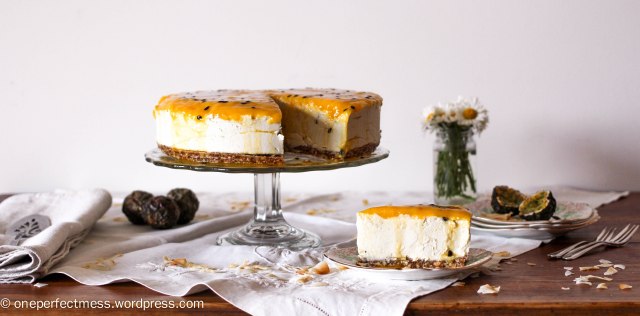 Mango, Passionfruit and Coconut Vegan Cheesecake One Perfect Mess vegan easy recipe baking healthy no refined  sugar free cashews cashew nuts dairy free lactose free gluten free wheat free frozen cheese cake 9