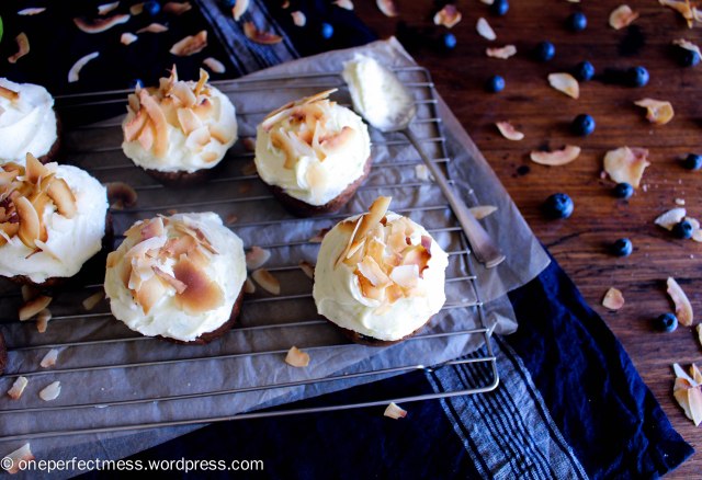 Banana and Blueberry Wholemeal Muffins with Lime Cream Cheese Frosting and Toasted Shaved Coconut Flakes One Perfect Mess recipe easy one bowl baking moist soft 1