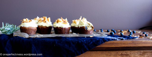 Banana and Blueberry Wholemeal Muffins with Lime Cream Cheese Frosting and Toasted Shaved Coconut Flakes One Perfect Mess recipe easy one bowl baking moist soft 13