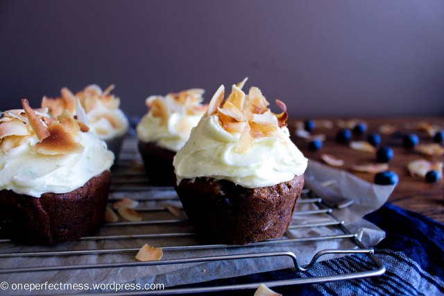 Banana and Blueberry Wholemeal Muffins with Lime Cream Cheese Frosting and Toasted Shaved Coconut Flakes One Perfect Mess recipe easy one bowl baking moist soft 3