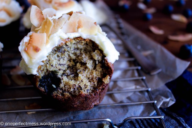 Banana and Blueberry Wholemeal Muffins with Lime Cream Cheese Frosting and Toasted Shaved Coconut Flakes One Perfect Mess recipe easy one bowl baking moist soft 9