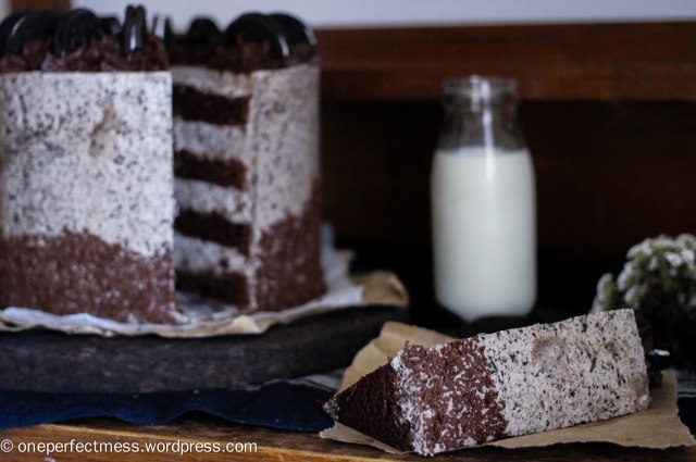 Crazy Cookies and Cream Oreo Celebration Layer Cake One Perfect Mess recipe four layers layered chocolate swiss merinuge buttercream sprinkles ganache baking 15