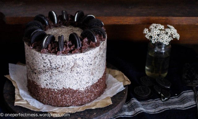 Crazy Cookies and Cream Oreo Celebration Layer Cake One Perfect Mess recipe four layers layered chocolate swiss merinuge buttercream sprinkles ganache baking