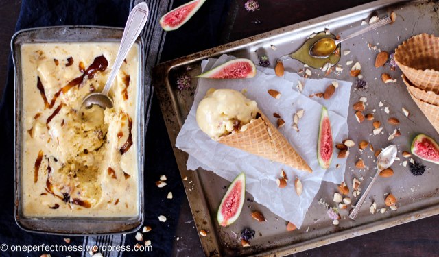 Fig, Honey and Roasted Almond Semifreddo Ice Cream easy recipe One Perfect Mess summer baking fig jam no churn no machine 3