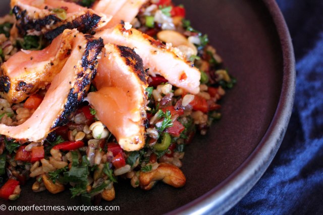 Marinated Grilled Salmon and Brown Rice Rainbow Salad easy savoury recipe One Perfect Mess Thai Asian healthy lunch dinner cashew capsicum soy sauce sweet chilli 12