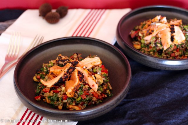 Marinated Grilled Salmon and Brown Rice Rainbow Salad easy savoury recipe One Perfect Mess Thai Asian healthy lunch dinner cashew capsicum soy sauce sweet chilli 2