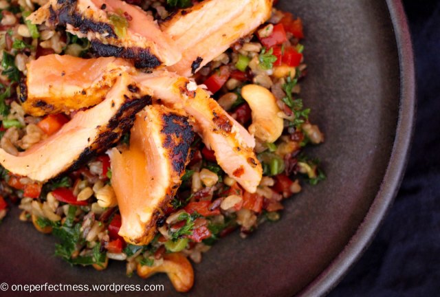 Marinated Grilled Salmon and Brown Rice Rainbow Salad easy savoury recipe One Perfect Mess Thai Asian healthy lunch dinner cashew capsicum soy sauce sweet chilli 3