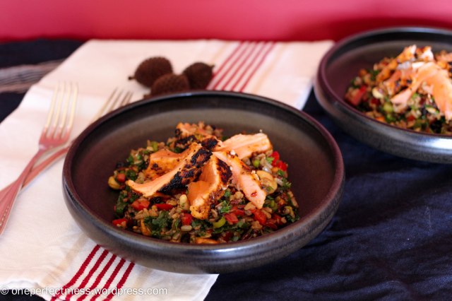Marinated Grilled Salmon and Brown Rice Rainbow Salad easy savoury recipe One Perfect Mess Thai Asian healthy lunch dinner cashew capsicum soy sauce sweet chilli 7