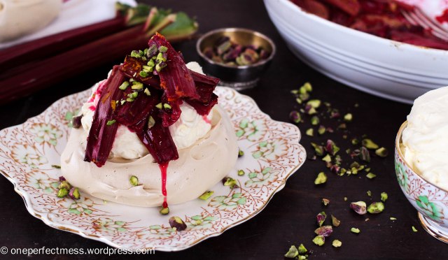 Brown Sugar Meringues with Orange Roasted Rhubarb, Pistachios and Honey Mascarpone Whipped Cream One Perfect Mess easy dessert recipe baking autumn fall meringue pistachio nuts 1