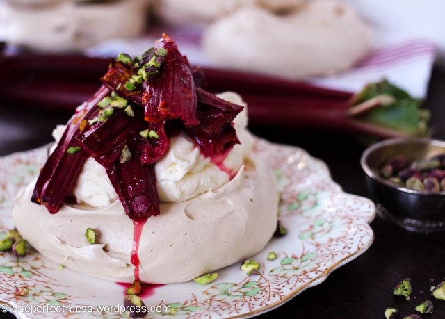 Brown Sugar Meringues with Orange Roasted Rhubarb, Pistachios and Honey Mascarpone Whipped Cream One Perfect Mess easy dessert recipe baking autumn fall meringue pistachio nuts 3
