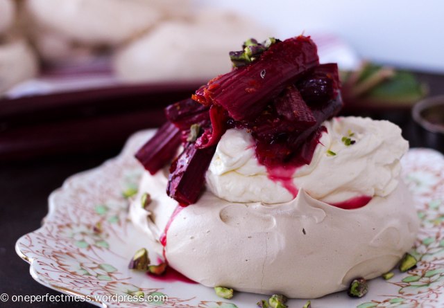 Brown Sugar Meringues with Orange Roasted Rhubarb, Pistachios and Honey Mascarpone Whipped Cream One Perfect Mess easy dessert recipe baking autumn fall meringue pistachio nuts 6