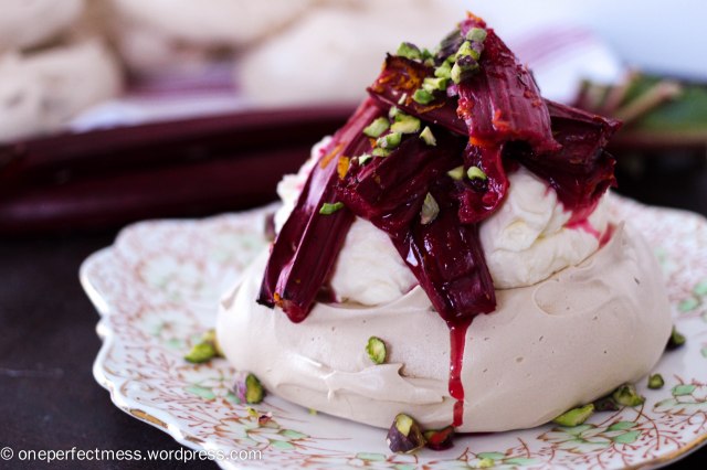 Brown Sugar Meringues with Orange Roasted Rhubarb, Pistachios and Honey Mascarpone Whipped Cream One Perfect Mess easy dessert recipe baking autumn fall meringue pistachio nuts 7