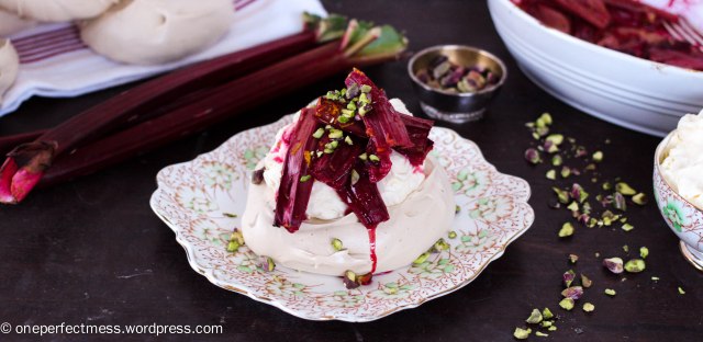 Brown Sugar Meringues with Orange Roasted Rhubarb, Pistachios and Honey Mascarpone Whipped Cream One Perfect Mess easy dessert recipe baking autumn fall meringue pistachio nuts 8