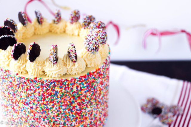 Rainbow Sprinkles Layer Cake One Perfect Mess easy recipe chocolate buttermilk cake Donna Hay four layers vanilla swiss meringue buttercream frosting celebration hundreds and thousands colourful 2