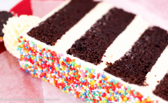 Rainbow Sprinkles Layer Cake One Perfect Mess easy recipe chocolate buttermilk cake Donna Hay four layers vanilla swiss meringue buttercream frosting celebration hundreds and thousands colourful 13